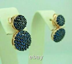 Boucles d'oreilles pendantes en amas de saphirs bleus simulés ronds de 2,20 carats plaqué or rose 14 carats