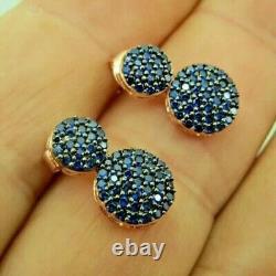 Boucles d'oreilles pendantes en amas de saphirs bleus simulés ronds de 2,20 carats plaqué or rose 14 carats