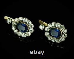 Boucles d'oreilles pendantes en saphir bleu simulé de 3,20 carats à taille ovale, plaqué or jaune 14 carats
