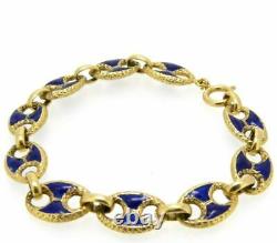 Bracelet Vintage Années 70 En Or Massif 18 Carats Avec Émail Bleu Cobalt