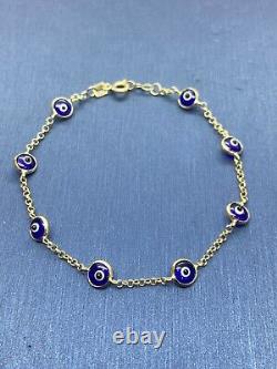 Bracelet en chaîne Rolo avec charms œil maléfique bleu de 5 mm en or massif 14K de 7 pouces