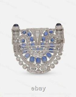 Broche épingle avec saphir bleu créé en laboratoire de coupe émeraude/ovale de 3 carats, plaqué or blanc 14 carats