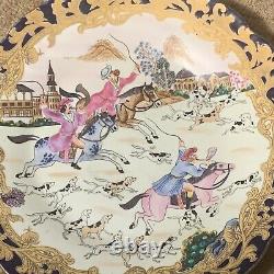 Chargeur De Plaque Chinois Antique Peint À La Main Émail Cobalt Bleu Gild Gold Fox Hunt