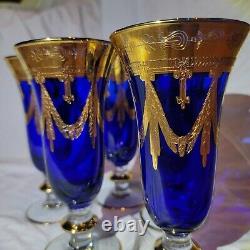 Cinq (5) Arte Italica Médicis Cobalt Bleu Verres De Champagne Fine 24 Kt Or Italie