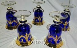 Cinq Italica Bleu Cobalt D'arte Et 24kt Gobelets De Vin D'or Verres 6 1/2 En Italie