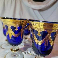 Cinq Italica Bleu Cobalt D'arte Et 24kt Gobelets De Vin D'or Verres 6 1/2 En Italie