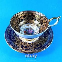 Cobalt Blue & Gold Border Avec Ja Bailey Florals Aynsley Tea Cup & Saucer
