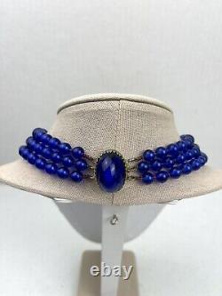 Collier Vintage HATTIE CARNEGIE en perles bleu cobalt et vert, ton doré #VT