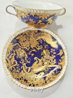 Couronne Royale Derby Bol et Assiette en Porcelaine Or et Bleu Cobalt avec Oiseaux du Paradis Magnifiques