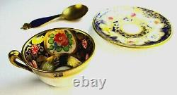 Crown Ancienne Staffordshire Miniature Cup, Saucer & Spoon, Cobalt Blue &gold