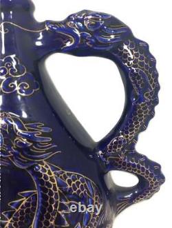Dragon Théière 3D en céramique chinoise bleu cobalt doré 12 7/8 x 8