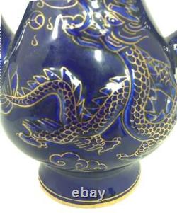 Dragon Théière 3D en céramique chinoise bleu cobalt doré 12 7/8 x 8