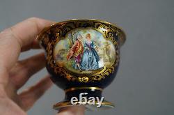 Dresde Hand Painted Watteau Scene Floral Cobalt Gold Figural Bird Cup & Saucer