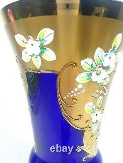 Egermann Bohemian Vase En Cristal En Or Bleu Cobalt Et Fleurs Appliquées Gilt