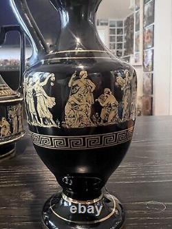 Ensemble de 5 vases en porcelaine faits à la main Spyropoulos Grèce bleu cobalt vintage avec dorure 24 carats.