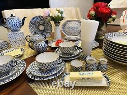 Ensemble de thé et de dîner Lomonosov COBALT NET Lot de 60 pièces LFZ Porcelaine russe Lot bleu et or