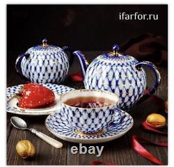 Ensemble de thé et de dîner Lomonosov COBALT NET Lot de 60 pièces LFZ Porcelaine russe Lot bleu et or
