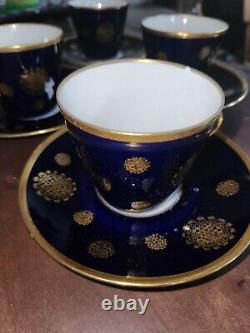 Ensemble tasse et soucoupe en porcelaine légère VTG Lichte véritable bleu cobalt et or