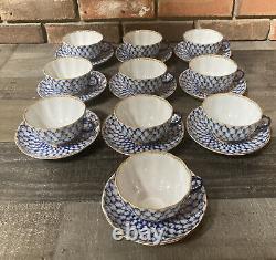 Ensemble vintage LOMONOSOV de 10 tasses à thé en porcelaine bleu cobalt et or avec soucoupe russe