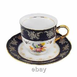 Euro Porcelain 17-pc Floral Tea Set For 6 Original Cobalt Tableware 24k Or