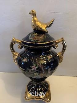 Faisans, Paons Cobalt Blue & Gold Urne Céramique à Fleurs à Manches Vase 16 VTG