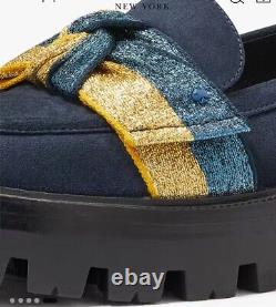 Femmes Kate Spade Leandra Lug Mocassin en Daim Bleu Blazer-Or Taille 8.0 Neuf Dans la Boîte