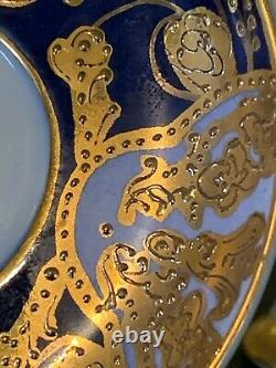 Fine Rare 19ème C. Antique Kpm Porcelaine Allemande Gilt Cobalt Blue Cup, Lid, Saucer