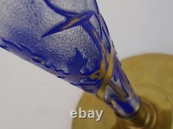 Français Cameo Art Verre Trompette Vase Cobalt Daisies Or Gilt