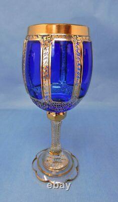 Gobelet De Vin En Verre De Moser-style De Bohême Lourd, Clair, Bleu Cobalt Cabochon & Or