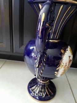 Grand Cobalt Bleu & Or 15 1/4 Vase 2 Poignées Scène Victorienne Fragonard Italie