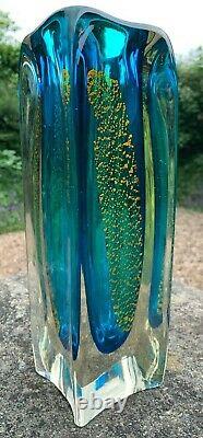 Grand Lourd 2,5 KG Murano Art Verre Casé Kingfisher Blue Gold Sommerso Vase