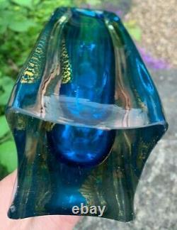 Grand Lourd 2,5 KG Murano Art Verre Casé Kingfisher Blue Gold Sommerso Vase