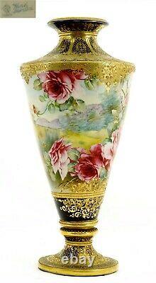 Grand Nippon Japonais Cobalt Blue Gold Moriage Perle Rose Pedestal Vase 18 47cm