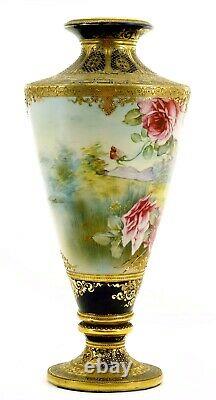 Grand Nippon Japonais Cobalt Blue Gold Moriage Perle Rose Pedestal Vase 18 47cm