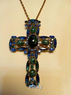 Grand Vtg Juliana D&e Cobalt Blue Green Glass Cross Broche Pendentif 3 1/2