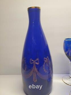 Griffe Milano Italie Carafe Bleu Cobalt Avec Décoration en Or + Verres