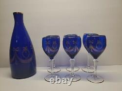 Griffe Milano Italie Carafe Bleu Cobalt Avec Décoration en Or + Verres