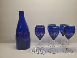 Griffe Milano Italie Carafe Bleu Cobalt Avec Décoration en Or + Verres