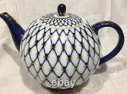 Imperial Russia Cobalt Blue Gold Net Lomonosov Théière Et Sugar Bowl +10 Tasses