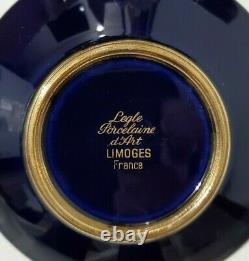 Limoges Legle D'art Demitasse Bleu Cobalt Avec Ensemble D'or De 7 Tasses Et Sauces