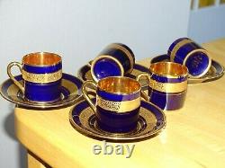 Limoges Legle D'art Expresso Cobalt Bleu Avec 5 Tasses D'or Et 4 Sauces
