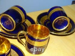 Limoges Legle D'art Expresso Cobalt Bleu Avec 5 Tasses D'or Et 4 Sauces