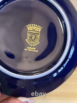 Limoges, Véritable Coupe Porcelaine D'art Et Saucer Gold Bleu De Cobalt Incrusté