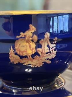 Limoges, Véritable Coupe Porcelaine D'art Et Saucer Gold Bleu De Cobalt Incrusté