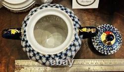 Lomonosov Impérial Russe Porcelaine Cobalt Net Sugar Bowl Lfz Bleu 22k Or Nouveau