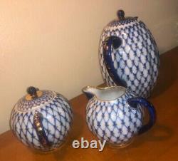 Lomonosov Vintage Russian Imperial Porcelain Cobalt Blue 22kt Gold Teapot Set