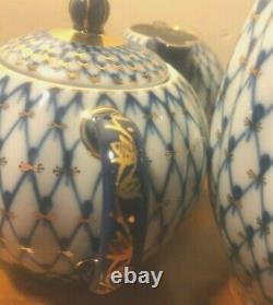 Lomonosov Vintage Russian Imperial Porcelain Cobalt Blue 22kt Gold Teapot Set