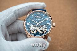 Montre mécanique automatique à double volant pour hommes en or rose avec cadran bleu et bracelet en cuir bleu