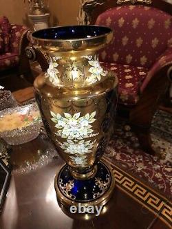 Murano Big Venetian Vase 22k Gold Enamel Flowers Cobalt Blue 16 Pouces