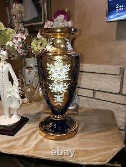 Murano Big Venetian Vase 22k Gold Enamel Flowers Cobalt Blue 16 Pouces